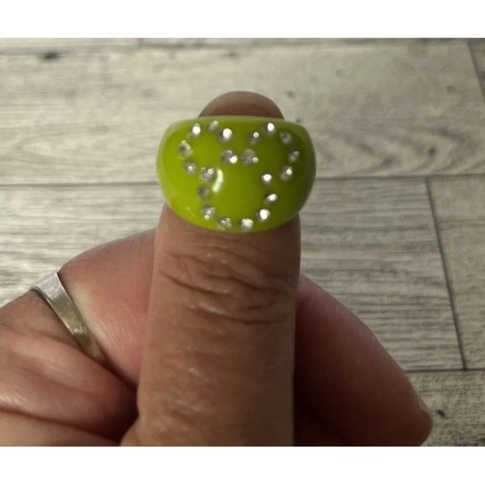 Vintage Disney Mickey Mouse Lucite Ring Chartreuse Green Rhinestones Size 6